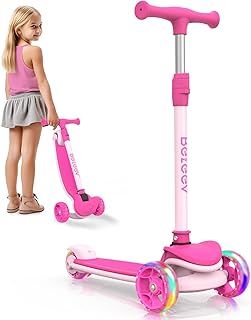 BELEEV A8 Foldable Scooter for Kids Ages 3-12, 3 Wheel Scooter for Toddlers Girls Boys, Light up Kick Scooter for Children, 4 Adjustable Height, Big Wheels, Lean to Steer, Extra-Wide & Non-Slip Deck