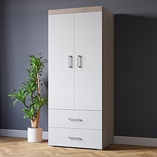 White & Sonoma Oak 1 Drawer Chest, Nightstand Side Table, Bedside Cabinet, Bedroom Furniture, White Bedside Table, Sonoma Oak Bedside Cabinet, Silver Covered Handle - 41cm x 40cm x 35cm…