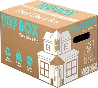 TOPBOX 10 Large Strong Moving Boxes – 48L Double Walled Cardboard Packing & Storage Boxes for Moving House, Shipping, Removal & Packaging | 53cm x 30cm x 30cm | Room Tick List, Handles & Recyclable