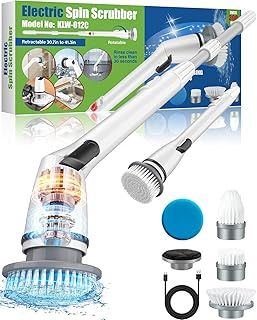 Art Institute Glitter Power Spin Scrubber, Electric Scrubbing Adjustable Stretchable Arm and 5 Replacement Brush Heads, USB Charging for Cleaning Bathroom Bathtub Kitchen Tile Floor, ABS, White