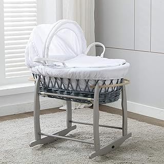 MCC Full Set Grey Wicker Moses Basket With White Dressing & Rocking Stand