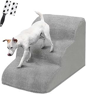 3 Steps Dog Ramp/Stairs for Bed and Sofa, LIANTRAL Pet Stairs with Durable High Density Open Immediately Foam and Pet Hair Remover Roller - Reduce Stress on Pet Joints, 59(L) x 39(W) x 40(H)cm