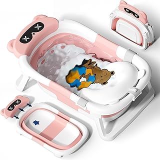 COOSEYA Baby Bath Tub Foldable, Baby Bathtub Collapsible Essentials for Newborn with Soft Cushion (0-18Months), Baby Shower for Infant to Toddler Gift Portable Space-Saving Travel, Pink