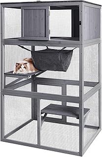 Wooden Cat House Outdoor Cat Enclosure with 3 Floors and Weatherproof Roof Indoor Large Cat Catio for Cats with Hammock & Resting Box