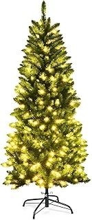 COSTWAY 4.5FT/5FT/6FT/6.5FT/7.5FT Pre-lit Slim Christmas Tree, Hinged Pencil Xmas Tree with Warm LED Lights, Foldable Metal Stand & Superior PVC Leaves, Holiday Decoration for Home and Shops(6FT)