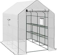Outsunny Walk-in Greenhouse with 3 Tier Shelves, Outdoor Green House Garden Grow House with Reinforced PE Cover, Roll-up Door and Mesh Windows, 140 x 213 x 190cm, White