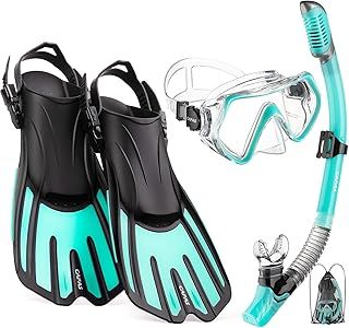 CAPAS Snorkel Mask Fins Set, Travel Size Snorkeling Gear for Adults with Short Adjustable Swim Fins, High Resistant Scuba Diving Mask and Dry Top Snorkel, Come with a Carrying Bag