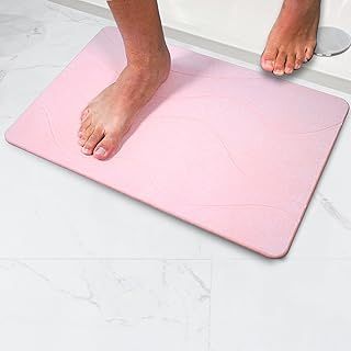 Stone Bath Mat Quick Dry | Diatomite Stone Bath Mat | Fast Drying Bathroom Mat | Non-Slip Hardstone Bathmat | Diatomaceous Earth Shower Mat – 60x39cm (Waves Pink)