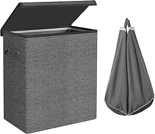 SONGMICS Laundry Basket, 142 L, 2 Compartments, Linen Fabric, with Divider for Clothes, Magnetic Lid, Handles and Removable Inner Bag, Foldable, Grey, LCB02G