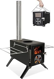 SOPPY Portable Wood Burning Tent Stove With Chimney Pipes - Stainless Steel Camping Cookware for Heating, Lodging, and Cooking - Silver