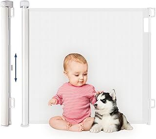 HollyHOME Retractable Stair Gate 180cm Extra Wide One Hand Operation Baby Gate Safety Gate for Baby and Pets Indoor & Outdoor, White