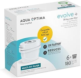 Aqua Optima Water Filter Cartridge 6 Pack (6 Months Supply), Evolve+ Compatible with Brita Maxtra, Maxtra+ & PerfectFit, 5 Stage Filtration System Reduces Chlorine, Limescale & Other Impurities ,White