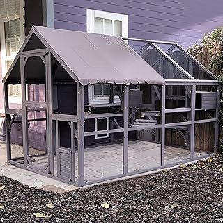 Catio Cat House Wooden Large Catio Outside, Wooden Kitty House Run with Roof Cover-2800 * 1877 * 1872cm