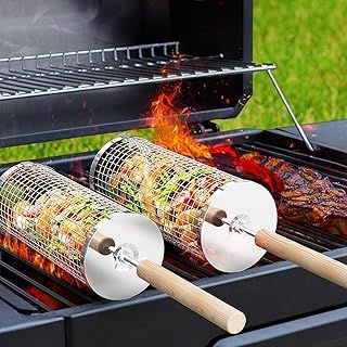 Nesting Grill Baskets, Removable Wooden Handle, 304 Stainless Steel, Rolling Grilling Net, BBQ Accessories Tools for Vegetables Shrimp, Outdoor Cooking Camping, Gifts for Men Dad