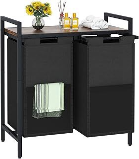 Laundry Basket, 2 Compartments,Dirty Laundry Basket,Laundry Hamper Bins 2 Sections,Black Double Laundry Washing Basket Organiser with 2 Removable Oxford Cloth Bags, Metal Frame