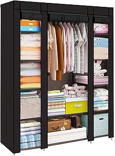 Trintion Fabric Canvas Wardrobe Cloth Wardrobes For Bedroom Clothes Storage Organiser With Hanging Rail Storage Cupboard Unit For Bedroom Living Room,Bedroom Storage, (Black)