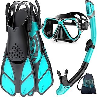 Zenoplige Snorkel Set Adults with Flippers, Snorkel Mask with Adjustable Swim Fins, Snorkelling Packages with Carrying Bag for Beginners and Snorkelers