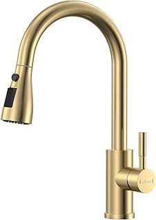 Gold Kitchen Tap, Kitchen Sink Taps Mixer with Pull Out Spray, Kitchen Mixer Tap with 3 Spary Modes, 360° Swivel Single Handle Gold Tap for Kitchen Stainless Steel Brushed Gold-Double Broom