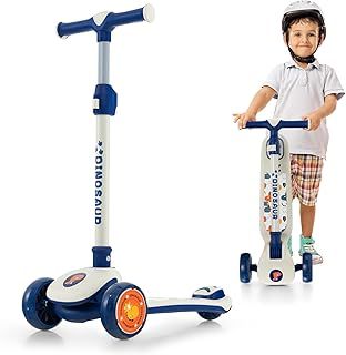 COSTWAY Kids Scooter, 3 Wheel Foldable Scooters with Light up PU Wheels, Height Adjustable Handlebar and Rear Brake, Lean to Steer Push Scooter for Toddler Aged 3 to 5