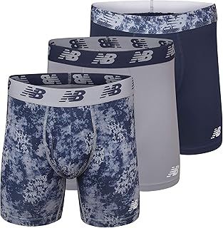 New Balance Men's 6" Boxer Brief Trunk Underpants Fly Front with Pouch, 3-Pack, Print/Steel/Pigment, Large