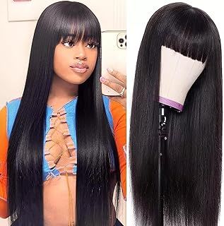 Human Hair Wigs with Bangs None Lace Front Wigs Human Hair 150% Density Straight Glueless Wig Human Hair Machine Made Brazilian Human Hair Wigs for Black Women (16Inch, Straight)
