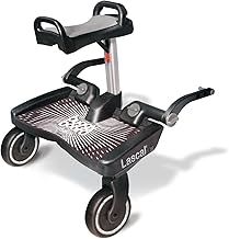 Lascal BuggyBoard Maxi+ | Universal Buggy Board with Seat, Compatible with 99% of Pushchairs | Pram Accessory for Children from 2-6 Years | Black with Grey Saddle