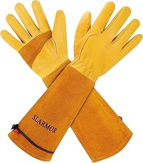 leather Gardening Gloves for Women/Men - Thorn Proof Cowhide Leather Rose/Blackberry Pruning Heavy Duty Garden Gloves Thick Palm Gauntlet Garden Work Gloves with Forearm Protection