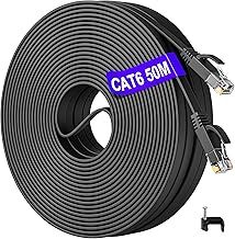 Ethernet Cable 50m, Cat 6 Long Ethernet Cable 50m Outdoor Indoor Flat RJ45 Internet Cable, High Speed Slim 50 Meter Lan Network Cable Gigabit Waterproof Wifi Cable Black Patch Cord for Router PC