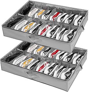 Under Bed Shoe Storage Organiser Set of 2, Fits 32 Pairs Total, Underbed Shoe Box/ Containers w/ Reinforced Handles, Clear Foldable Organiser Adjustable Dividers w/ Bottom Support Velcro