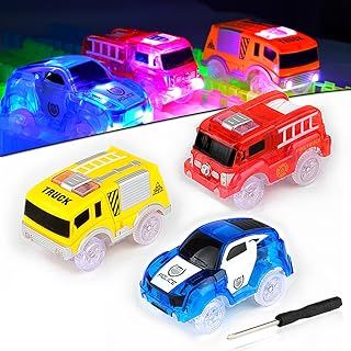 Glow Tracks - 3 Pack Light-up Race Flexible Cars with 5 LED Lights (Blue Police, Red Fire Engine, Yellow Truck), Slot Car Track Toy, Kids Toddlers Gift Racetrack
