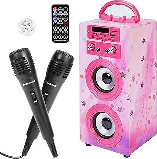 DYNASONIC Karaoke Machine with 2 Microphones, Portable Bluetooth Speaker with Lights, USB and SD Reader, Gift for Children Ages 5-13 (Model 15 lights)