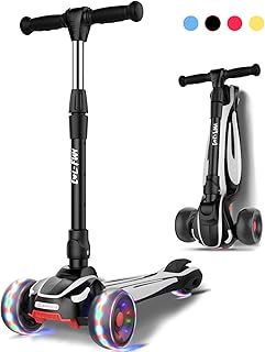 LOL-FUN 3 Wheel Toddler Scooter for Kids Ages 3-8 Years Old Boy Girl, Foldable Kids scooter with 4 Adjustable Height, Extra-Wide Childrens Kick Scooter with Lean-to-Steer and LED Flashing Wheels
