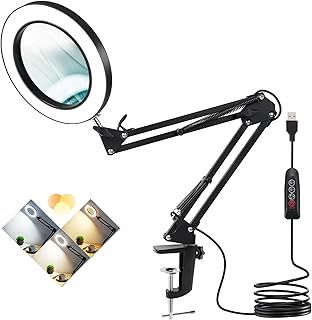 Veemagni 10X Magnifying Glass with Light and Stand, 3 Color Modes Stepless Dimmable Real Glass Lens, Adjustable Swing Arm LED Lighted Magnifier Desk Lamp with Clamp for Painting, Crafts, Sewing