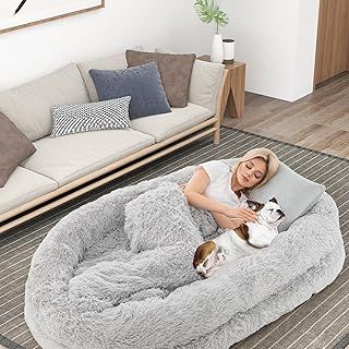 COSTWAY Human Dog Bed, Giant Human Sized Pet Beds with Pillow, Blanket, Washable Cover, Non-Slip Bottom, Orthopaedic Egg Comfortable Bean Bag for Adults & Furry Friends (Grey)