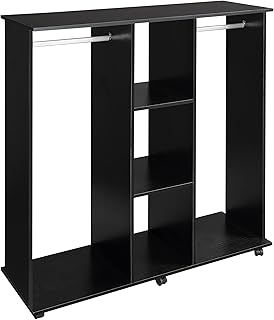 HOMCOM Double Open Wardrobe on Wheels, Bedroom Wardrobe with Clothes Hanging Rails, 3 Storage Shelves, Mobile Garment Rack for Cloakroom, Hallway, Black