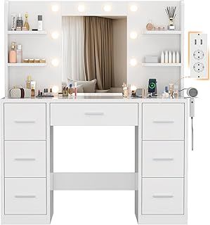 Devoko Dressing Table with Mirror,LED Lights and Power Outlet,Adjustable Brightness,Vanity Table with 7 Drawers and 6 Open Shelves,Modern Makeup Desk for Bedroom Dressing Room (White)