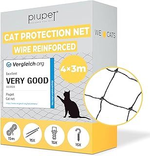 Cat Net Wire-Reinforced I 4x3m I Black I Included Fastening Set I Netting for Balcony and Window I Balcony Netting for Cats | Ideal for Catio Cat Outdoor Enclosures and Cat Window Guard
