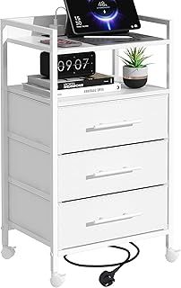 MIKIICOCO Bedside Table with Charging Station, Nightstand with 2 Outlets and 2 USB Ports, Sofa Side Table with 4 Castors and Fabric Drawers for Bedroom