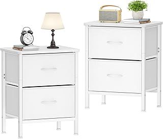 Bedside Table Set of 2, Bedroom Bedside Cabinet with Metal Frame and 2 Large Capacity Fabric Drawers for Bedroom, Living Room, Home, White