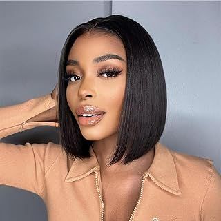 FASHION IDOL Bob Lace Front Wig Human Hair Pre Plucked 8 inches Short Bob Wig for Women Glueless T Part HD Lace Brazilian Virgin Human Hair Natural Black