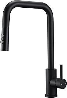 Matt Black Kitchen Taps with Pull Out Spray Square Kitchen Mixer Tap Stainless Steel Single Lever Kitchen Sink Taps Mixer High Spout Pull Out Kitchen Tap Modern 360° Swivel Faucets