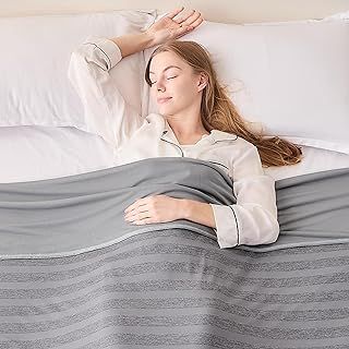 EMME Cooling Throw Blanket for Summer, Q-Max >0.4 Night Sweats Throw Blanket Thin, Keep Cooling Breathable Summer Striped Grey Blanket, Single Bed, Sofa,127x177cm