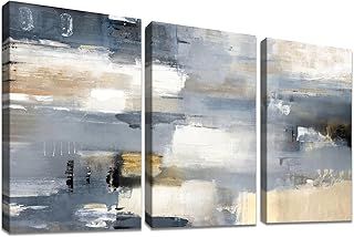 3 Panels Wooden Framed Abstract Gray Canvas Wall Art Painting on Canvas Print Picture Poster Home Office Wall Decor Living Room Bedroom Hallway Stairs Decoration Ready To Hang 90x40cm(12"x16"x3pcs)