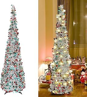 Artificial Collapsible Tinsel Christmas Trees with Lights, 5ft/1.5m Pop Up Pencil Christmas Trees, Glittering Sparking Xmas Decoration Tree with Stand (Colorful Silver)