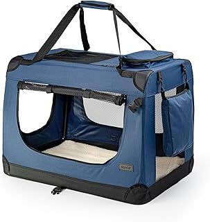 Dog transport box foldable for travel & car, 60x42x44 cm, sturdy transport box with carrying handles & blanket for cats & dogs up to 12 kg, sturdy fabric dog box for small & large, blue