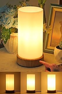Bedside Lamps, Touch Control Table Lamp 3-Way Dimmable with Glass Shade Wooden Grained Small Lamps for Living Room Bedroom Minimalist Nightstand for Children Room Decor LED Bulb Included