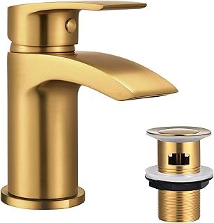 Basin Mixer Taps Waterfall with Slotted Pop up Waste Bathroom Sink Tap Mixers Brushed Gold Brass with G1/2’’ Hoses 1 Hole Cloakroom Faucet with Click Clack Waste with Overflow Mono Monobloc