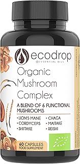 EcoDrop Organic Mushroom Complex Supplement - Premium Blend of Reishi, Chaga, Cordyceps, Shiitake, Lion’s Mane, and Maitake - 60 Mushroom Capsules - Up to 2 Months Supply - Made in UK