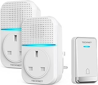 TECKNET Self-Powered Doorbell, Waterproof IP65 Twin Wireless Doorbell No Battery Required Push Button Plug Through Cordless Door Chime at 1300ft Range with 60 Chimes, 5-Level Volume & LED Light
