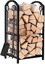 Elex Wrought Iron Firewood Rack 12 x 16 x 29.2 inches with 4 Fireplace Tools, Black, Steel, Firewood Storage Rack, Fireplace, Fire Pit